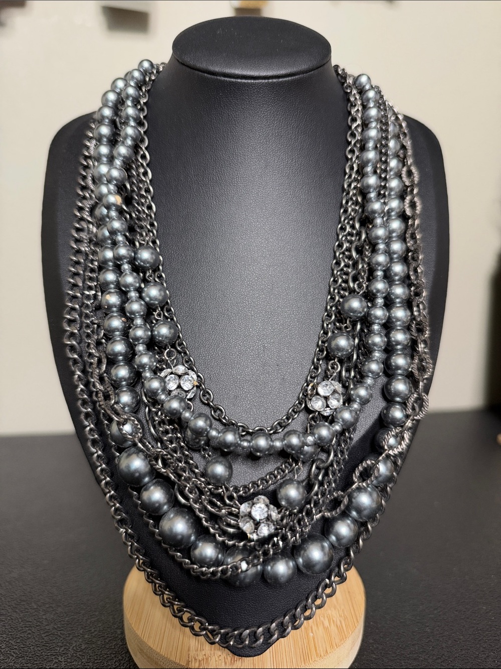 Chunky Multi-Strand Gunmetal Pearl Statement Necklace Faux Pearl Rhinestone